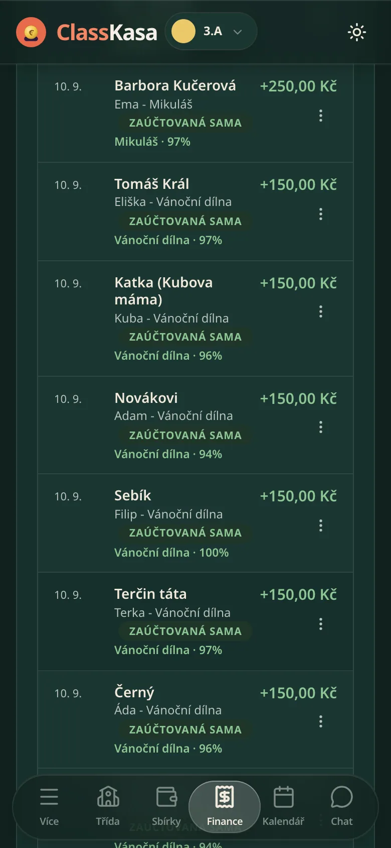 Bankovní převody v ClassKase: řádek po řádku příjmení rodiny, štítek zaúčtovaná sama a částka