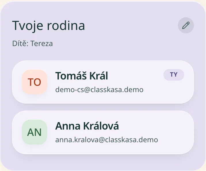 Karta „Tvoje rodina“ v rodičovském pohledu, se dvěma dospělými a dítětem