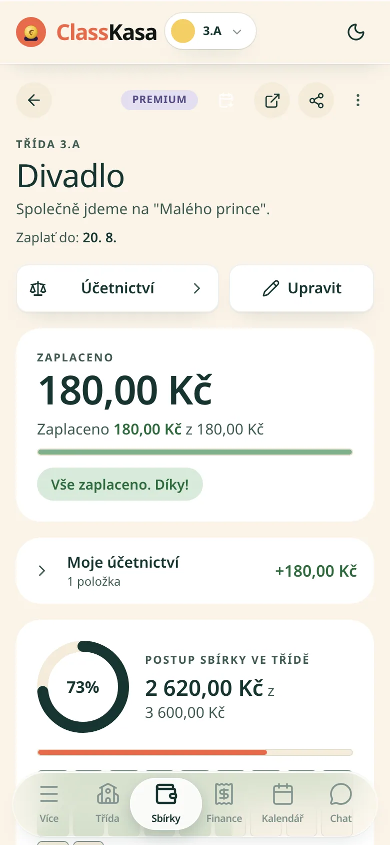 Třídní sbírka na výlet v ClassKase: termín, kolik tato rodina zaplatila, postup třídy