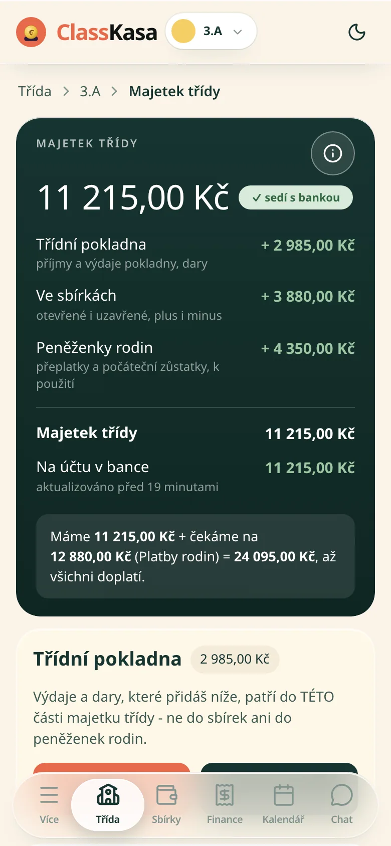 Peníze třídy v ClassKase: majetek třídy rozdělený na fond, zůstatky sbírek a peněženky rodin, v souladu s bankou